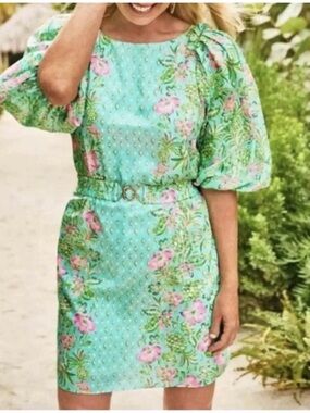 Lilly Pulitzer Barbara Dress in Mint Green & Pink Floral Puff-Sleeve Mini Dress